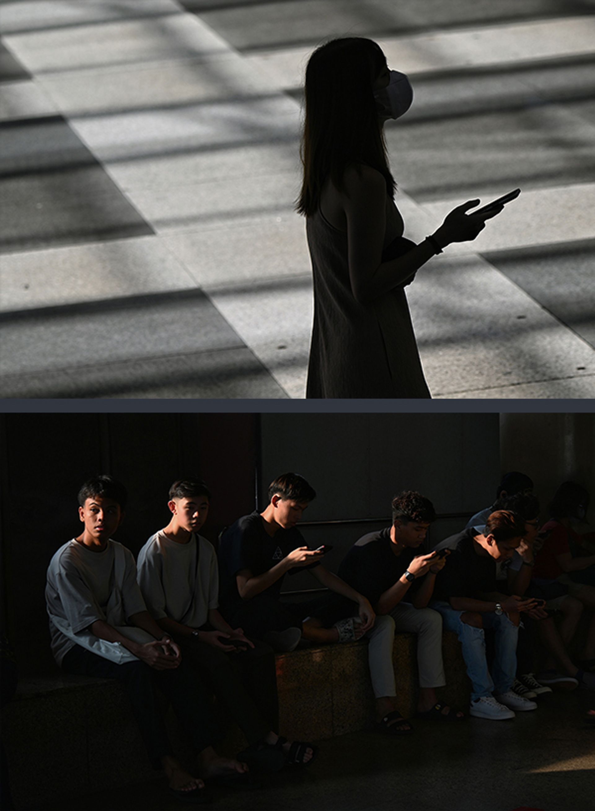 Mobile phones - our virtual shadow, with us wherever we go. Photos taken at UOB Plaza on Aug 22, 2022, and outside Jurong East MRT Station on April 15, 2023. ST PHOTOS: KUA CHEE SIONG & SHINTARO TAY